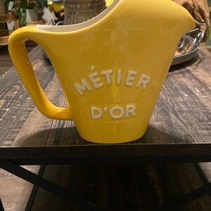Restoration Hardware Yellow Ceramic Pitcher "Metier D'0r" 6.25" Tall Vase